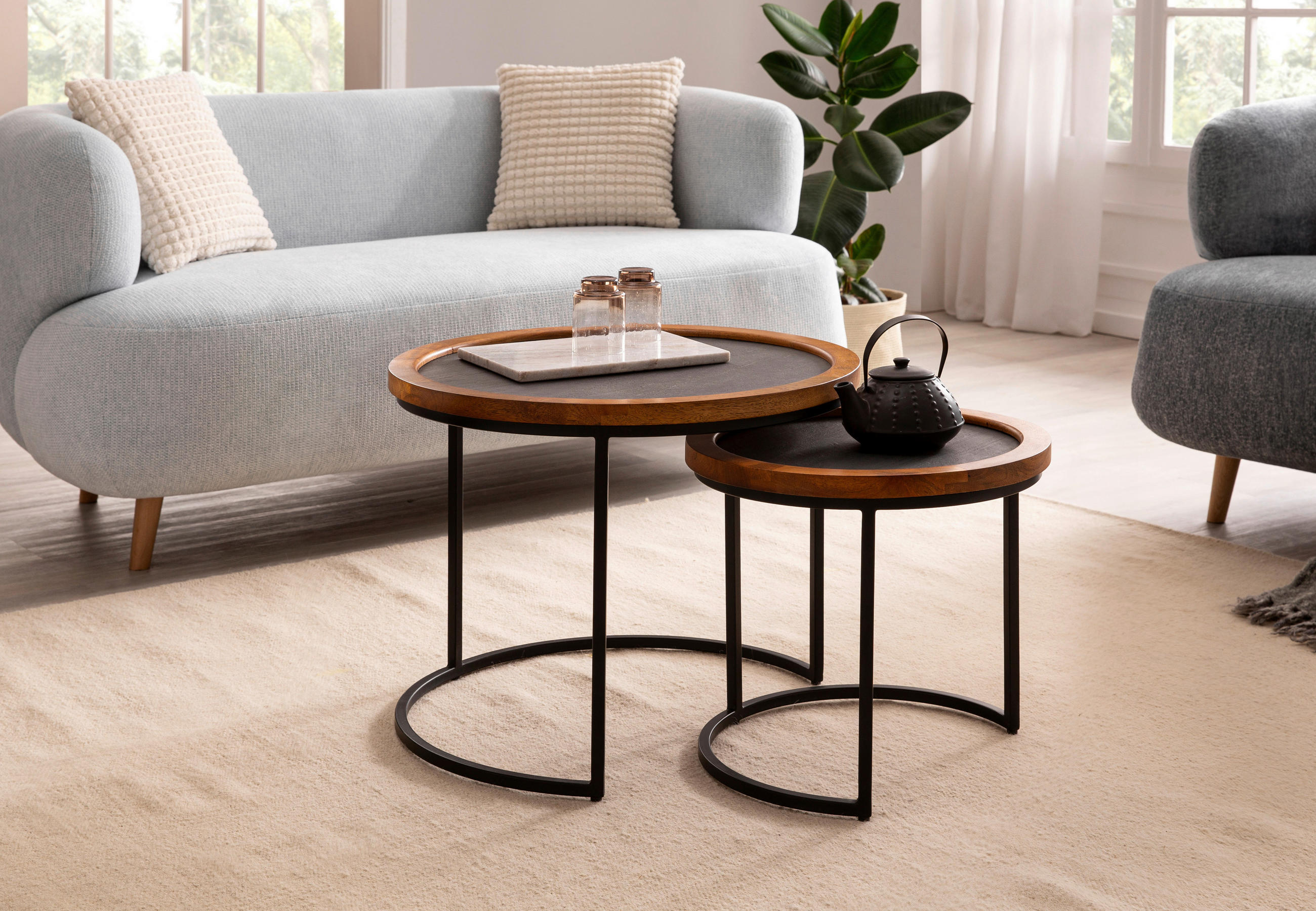 COUCHTISCHSET Mangoholz massiv rund Braun  - Schwarz/Braun, Design, Holz/Kunststoff (60/60/46cm) - MID.YOU
