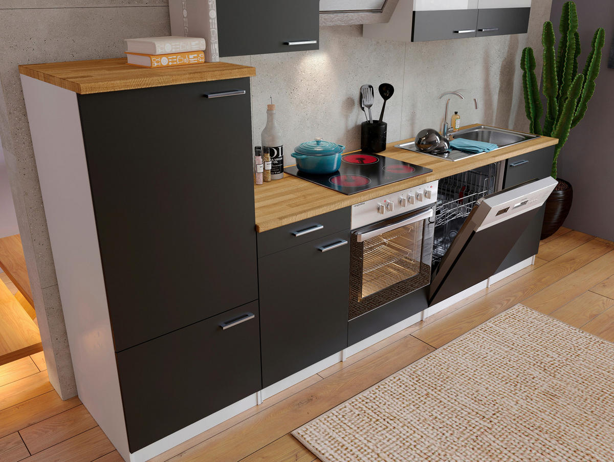 KÜCHENBLOCK 280 cm   in Schwarz  - Edelstahlfarben/Nussbaumfarben, Basics, Holzwerkstoff/Metall (280cm) - Respekta