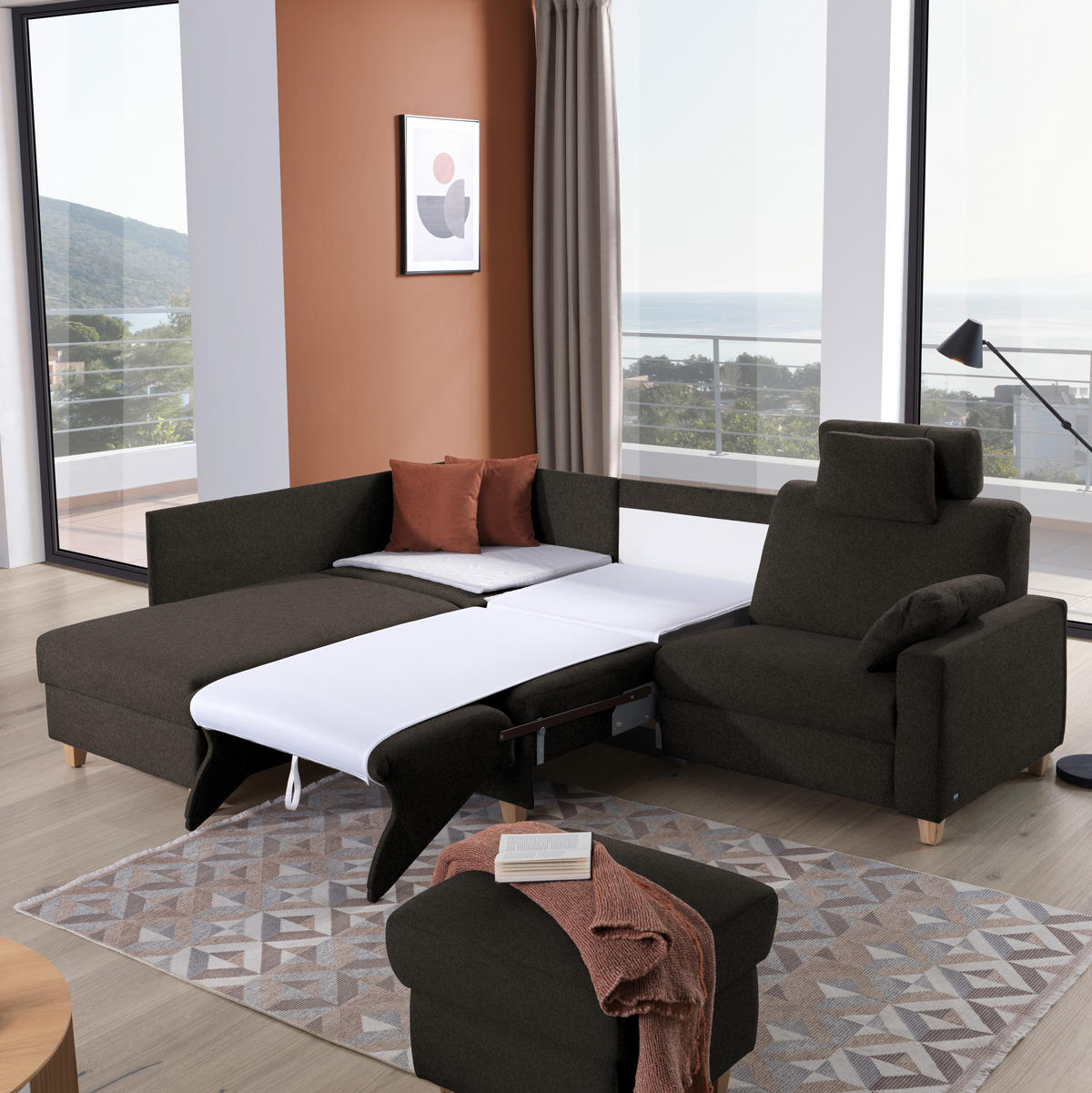ECKSOFA in Flachgewebe Dunkelbraun  203/261 cm  - Eichefarben/Dunkelbraun, KONVENTIONELL, Holz/Textil (203/261cm) - Sedda