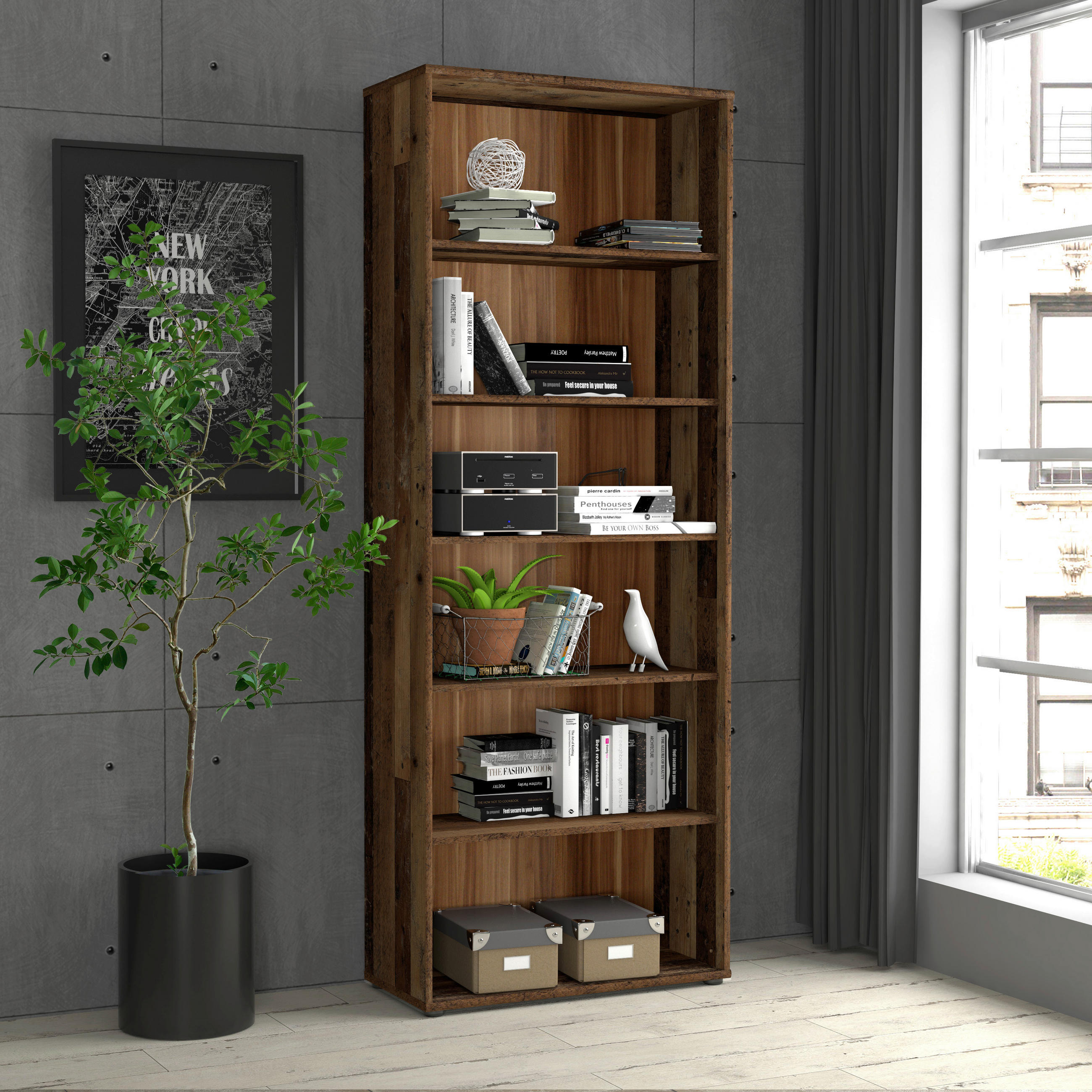 REGAL Dunkelbraun, Graubraun  - Dunkelbraun/Graubraun, Design, Holzwerkstoff (73,7/197,5/34,8cm)
