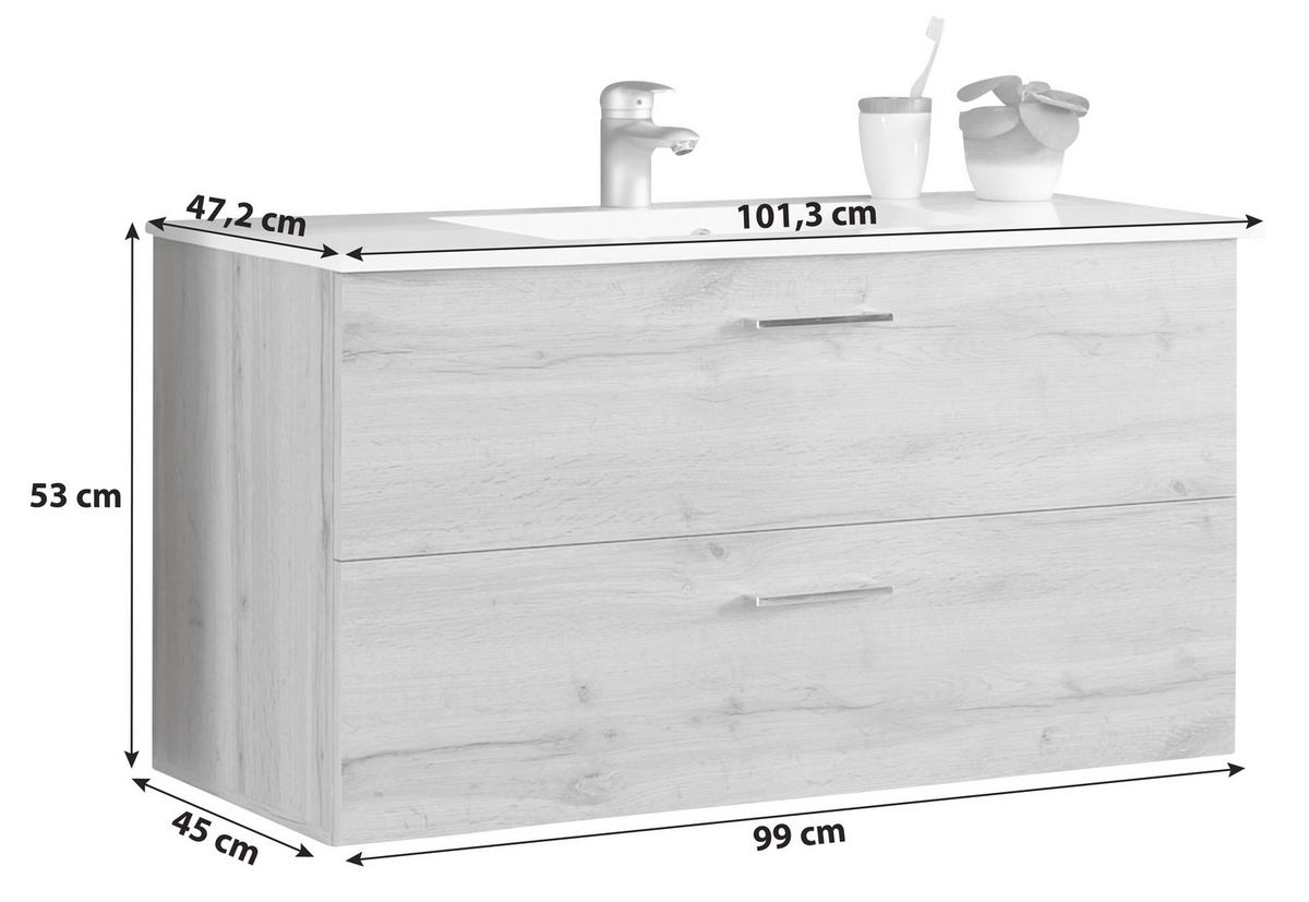 MOSDÓSZEKRÉNY MOSDÓVAL  - ezüst/tölgyfa, Modern, műanyag/faalapú anyag (99cm) - Xora