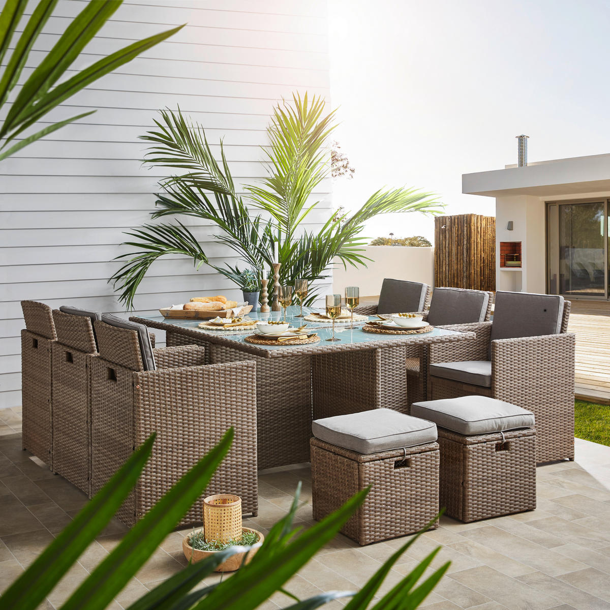 GARTENTISCHGRUPPE beschichtet Stahl  - Beige/Braun, MODERN, Glas/Kunststoff (183/74/120cm) - Ambia Garden