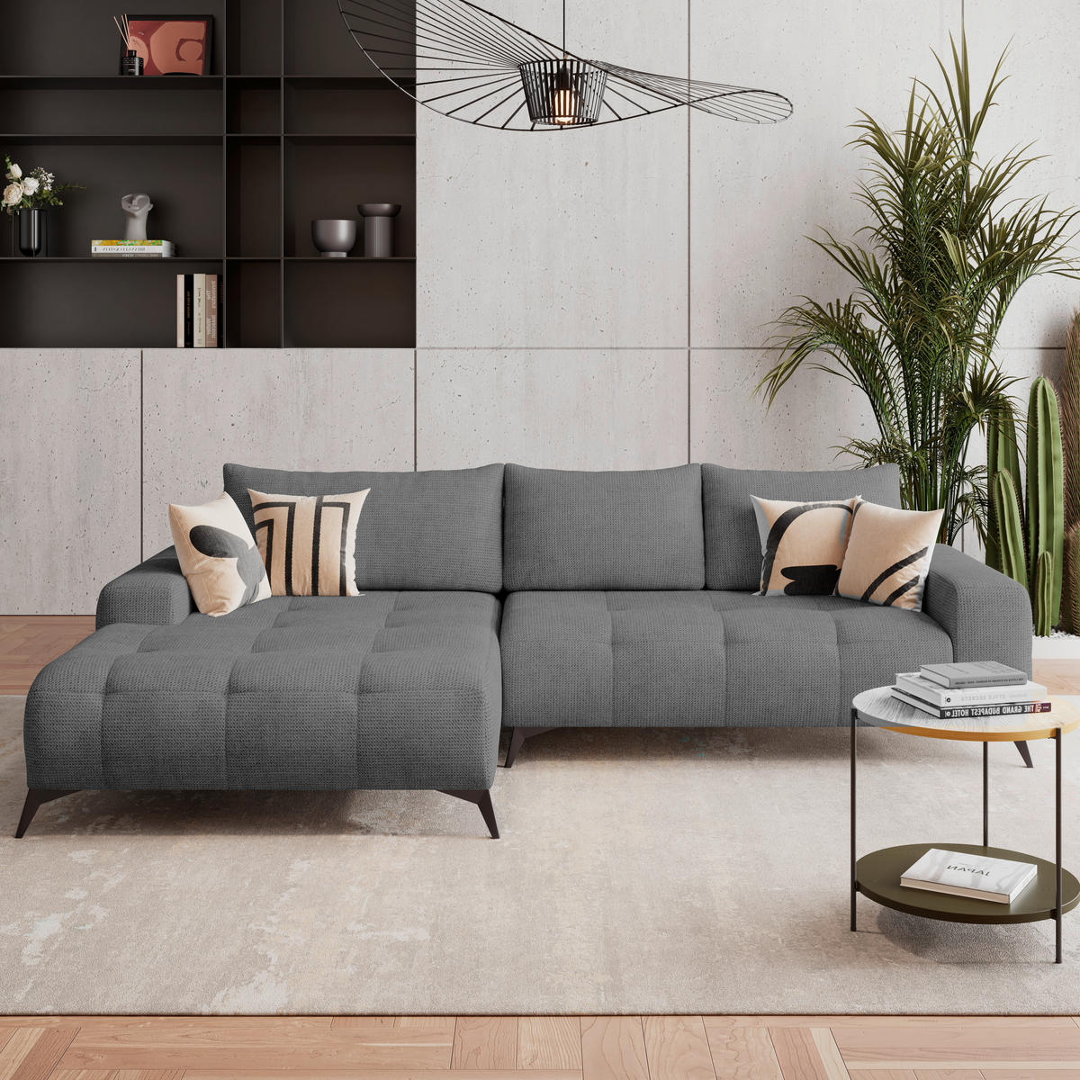 ECKSOFA MAURO Anthrazit Flachgewebe  - Anthrazit/Schwarz, Trend, Textil/Metall (175/290cm) - MID.YOU