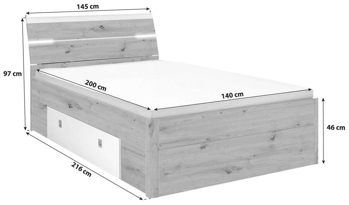 TÁROLÓS ÁGY 140/200 cm  grafitszürke, tölgyfa színű  - grafitszürke/tölgyfa színű, Konventionell, műanyag/faalapú anyag (140/200cm) - MID.YOU
