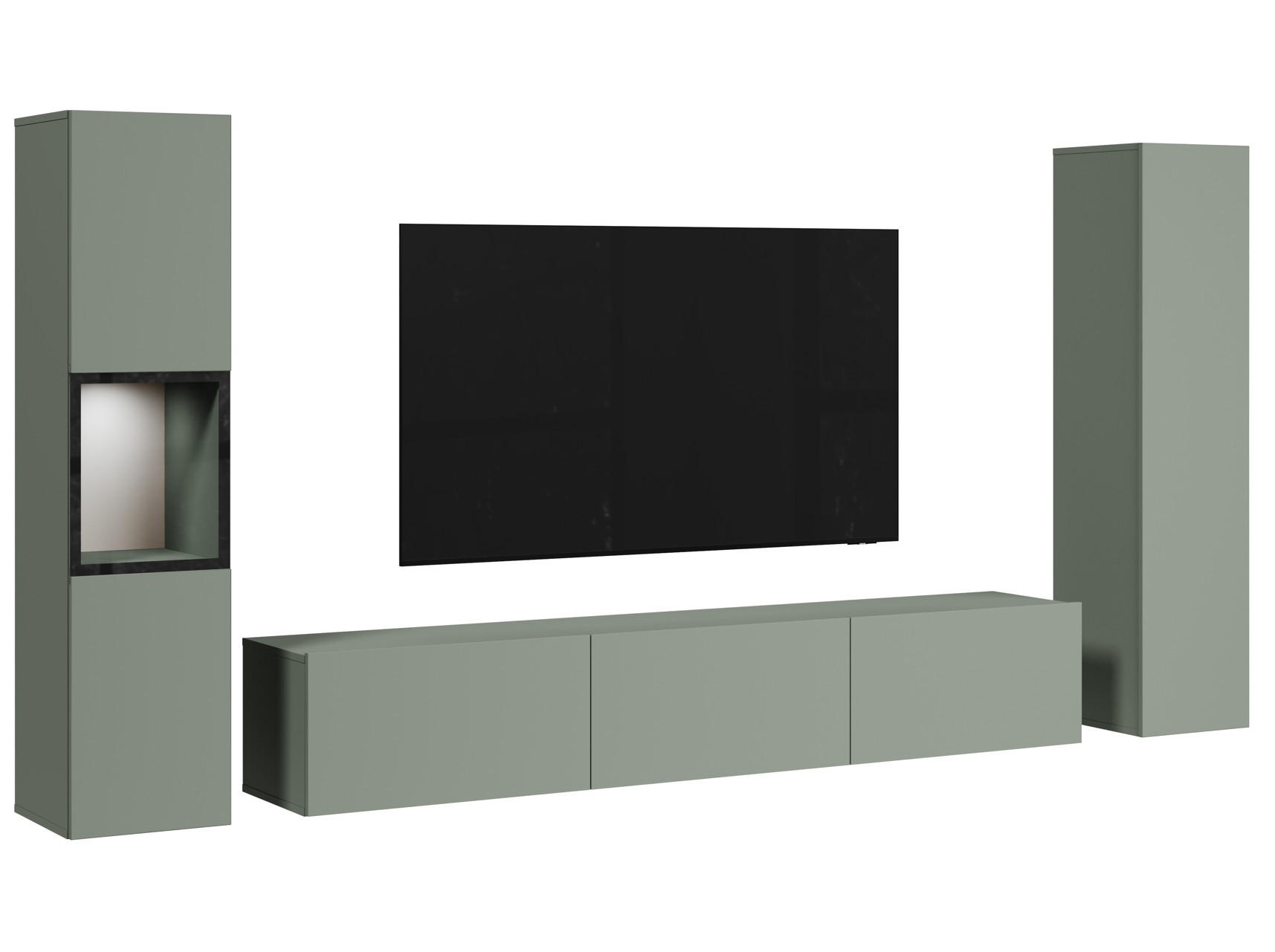 WOHNWAND Berlin 3-teilig  in Salbeigrün  240/130/31 cm LED-Leuchtmittel   - Salbeigrün/Grau, Design, Glas/Holzwerkstoff (240/130/31cm) - P & B