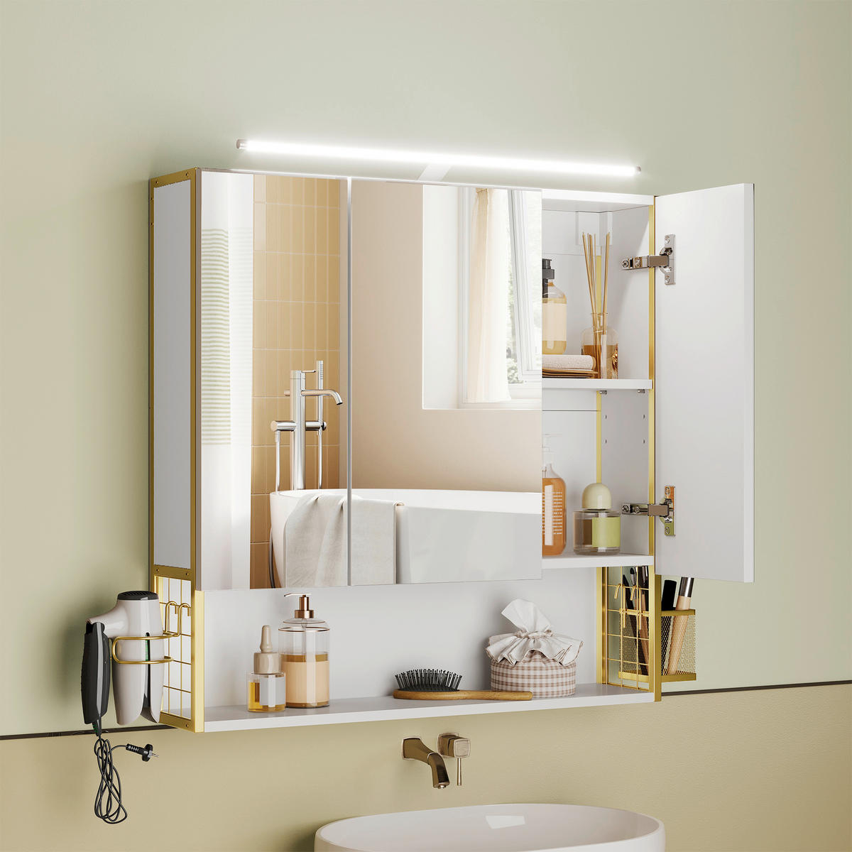 SPIEGELSCHRANK 70/70/16 cm  - Goldfarben/Weiß, MODERN, Glas/Holzwerkstoff (70/70/16cm) - MID.YOU