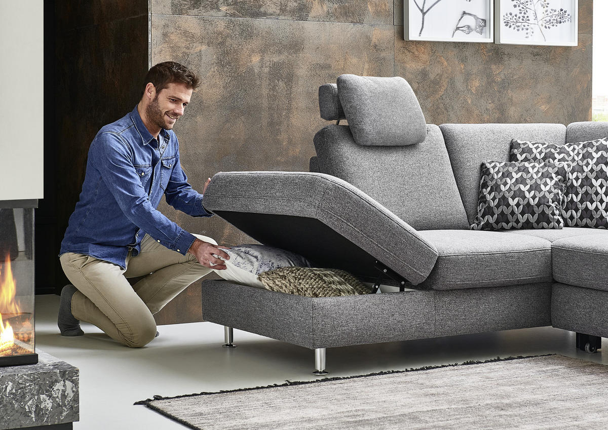 WOHNLANDSCHAFT in Flachgewebe Grau  - Chromfarben/Grau, Konventionell, Textil/Metall (168/305/200cm) - Beldomo System