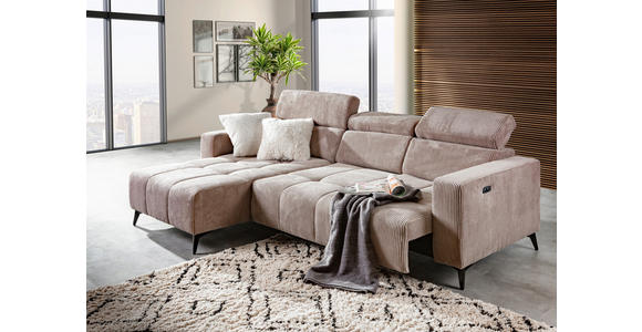 ECKSOFA Taupe Cord Rücken echt, Kopfteilverstellung, Sitzvorzug  - Taupe/Schwarz, KONVENTIONELL, Textil/Metall (170/257cm) - Carryhome