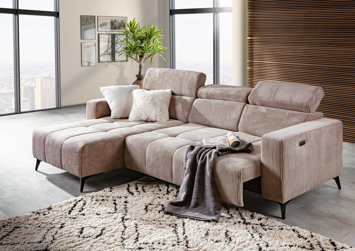 ECKSOFA Taupe Cord Rücken echt, Kopfteilverstellung, Sitzvorzug  - Taupe/Schwarz, KONVENTIONELL, Textil/Metall (170/257cm) - Carryhome