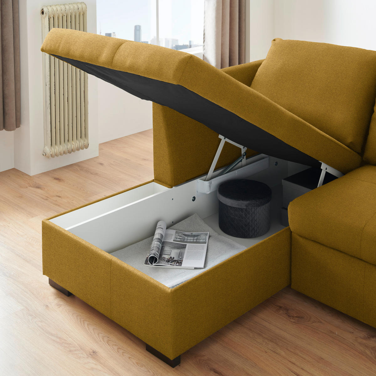 ECKSOFA in Webstoff Dunkelgelb  - Dunkelgelb/Schwarz, Design, Kunststoff/Textil (158/238cm) - Livetastic