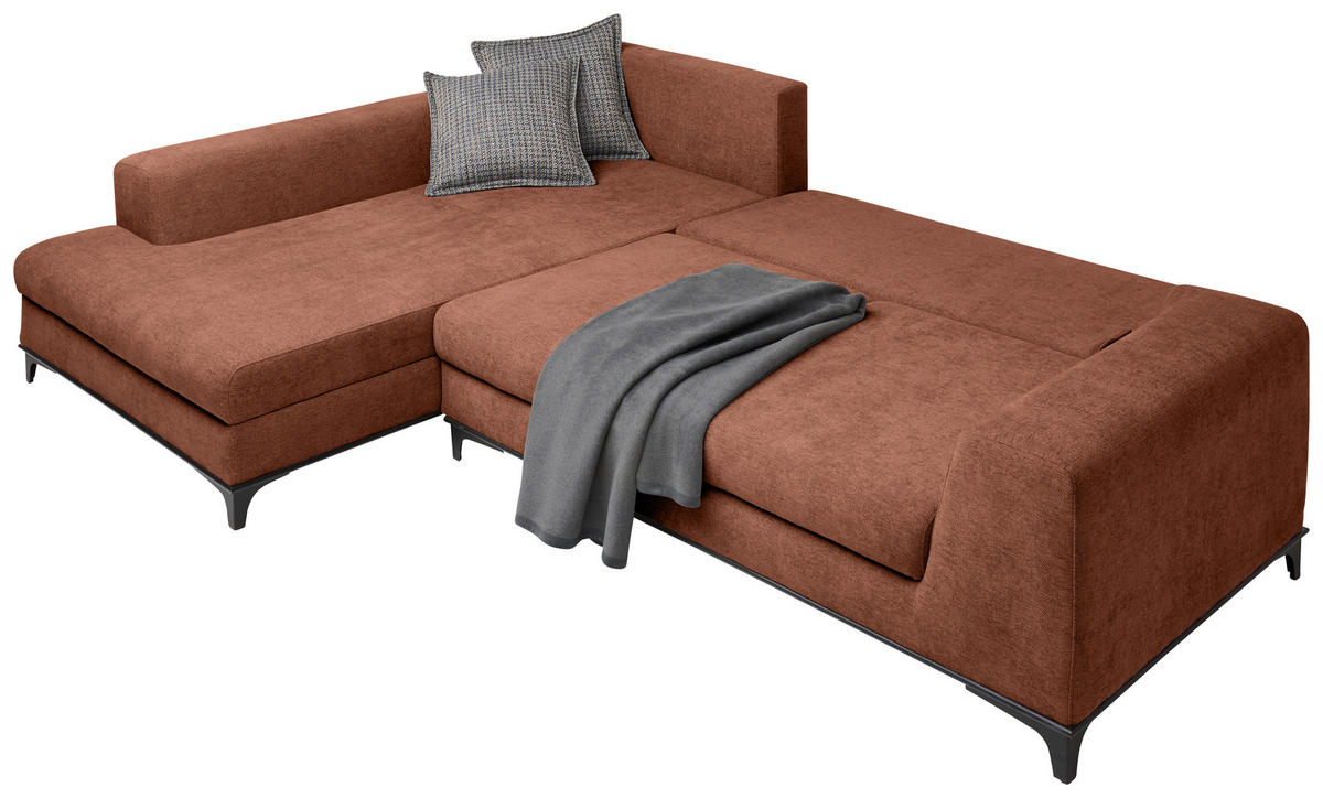 ECKSOFA inkl. Funktionen Terracotta Webstoff  inkl. Rückenkissen, Bettkasten, Schlaffunktion, Rücken echt  - Wengefarben/Terracotta, Design, Holz/Textil (211/314cm) - Stylife