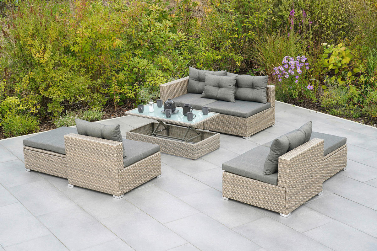 LOUNGEGARNITUR 7-teilig   Stahl  - Naturfarben/Grau, MODERN, Glas/Kunststoff - Gardenson