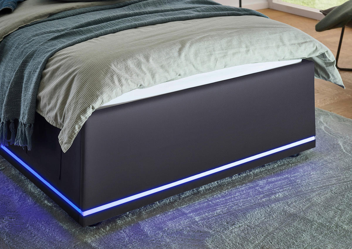 POLSTERBETT 90/200 cm,  in Schwarz, Beleuchtung, Lattenrost, Bettkasten,  - Birkefarben/Buchefarben, Design, Holz/Kunststoff (90/200cm) - Xora