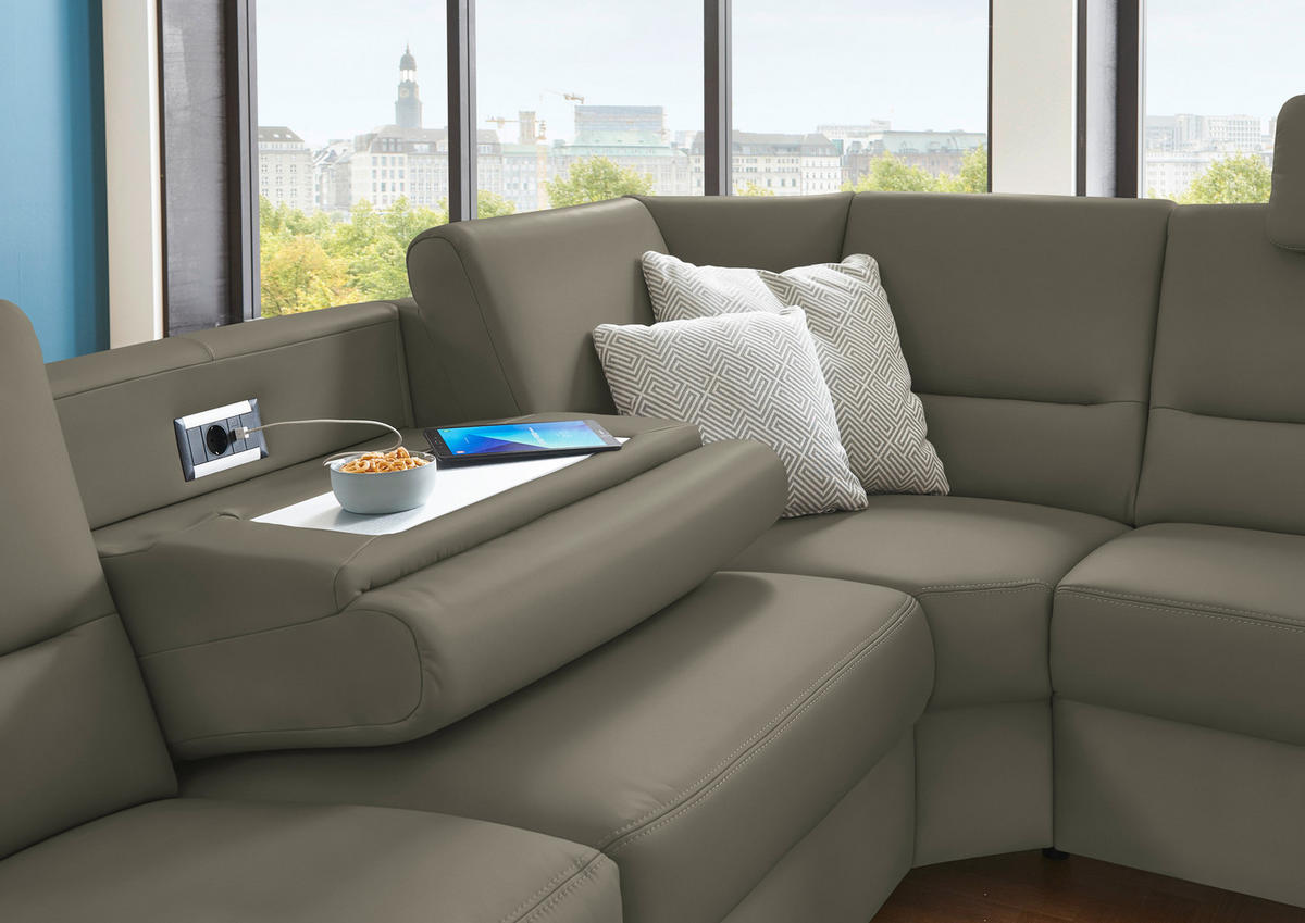 ECKSOFA in Echtleder Hellgrau  - Hellgrau/Alufarben, Konventionell, Leder/Metall (290/249cm) - Beldomo Premium