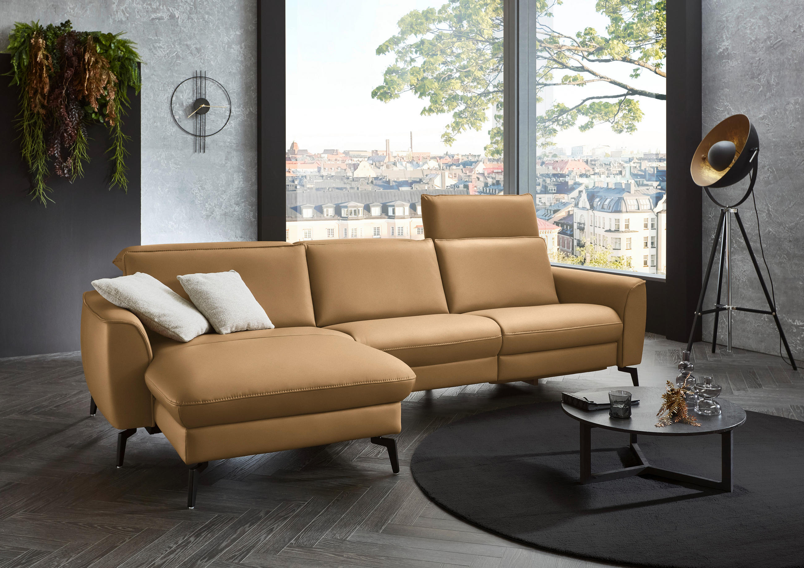 ECKSOFA in Echtleder Honig  - Schwarz/Honig, Natur, Leder/Metall (168/281cm) - Valdera