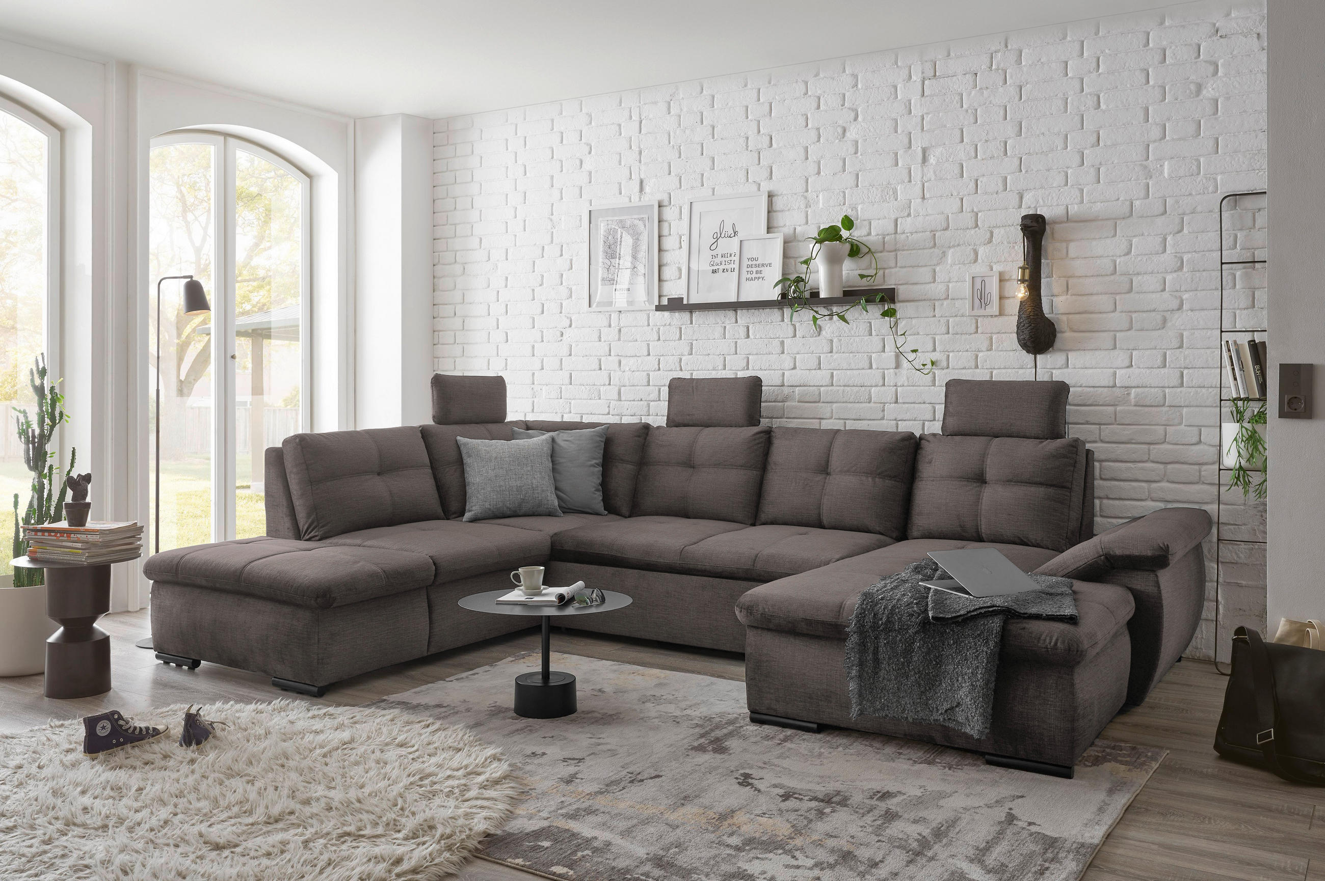 WOHNLANDSCHAFT in Mikrovelours Graubraun  - Graubraun/Schwarz, KONVENTIONELL, Kunststoff/Textil (217/334/127cm) - Carryhome