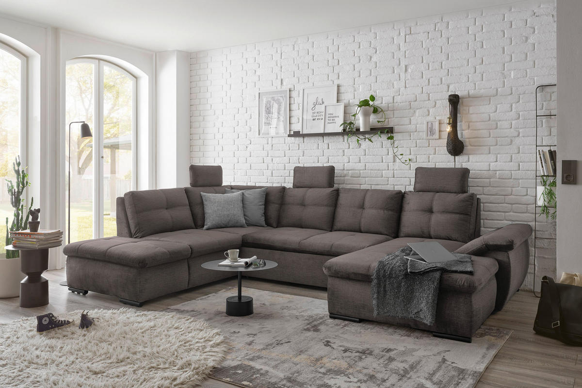 WOHNLANDSCHAFT in Mikrovelours Graubraun  - Graubraun/Schwarz, KONVENTIONELL, Kunststoff/Textil (217/334/127cm) - Carryhome
