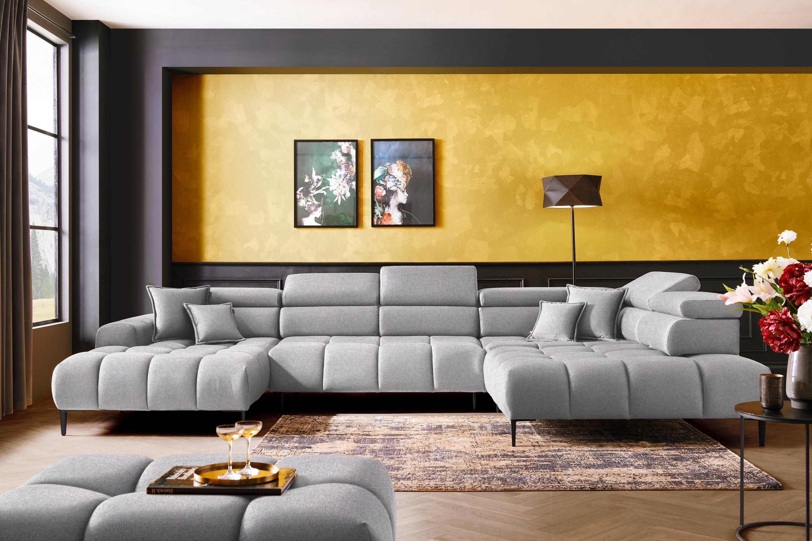 WOHNLANDSCHAFT in Webstoff Hellgrau  - Hellgrau/Schwarz, Design, Textil/Metall (177/385/216cm) - Welnova