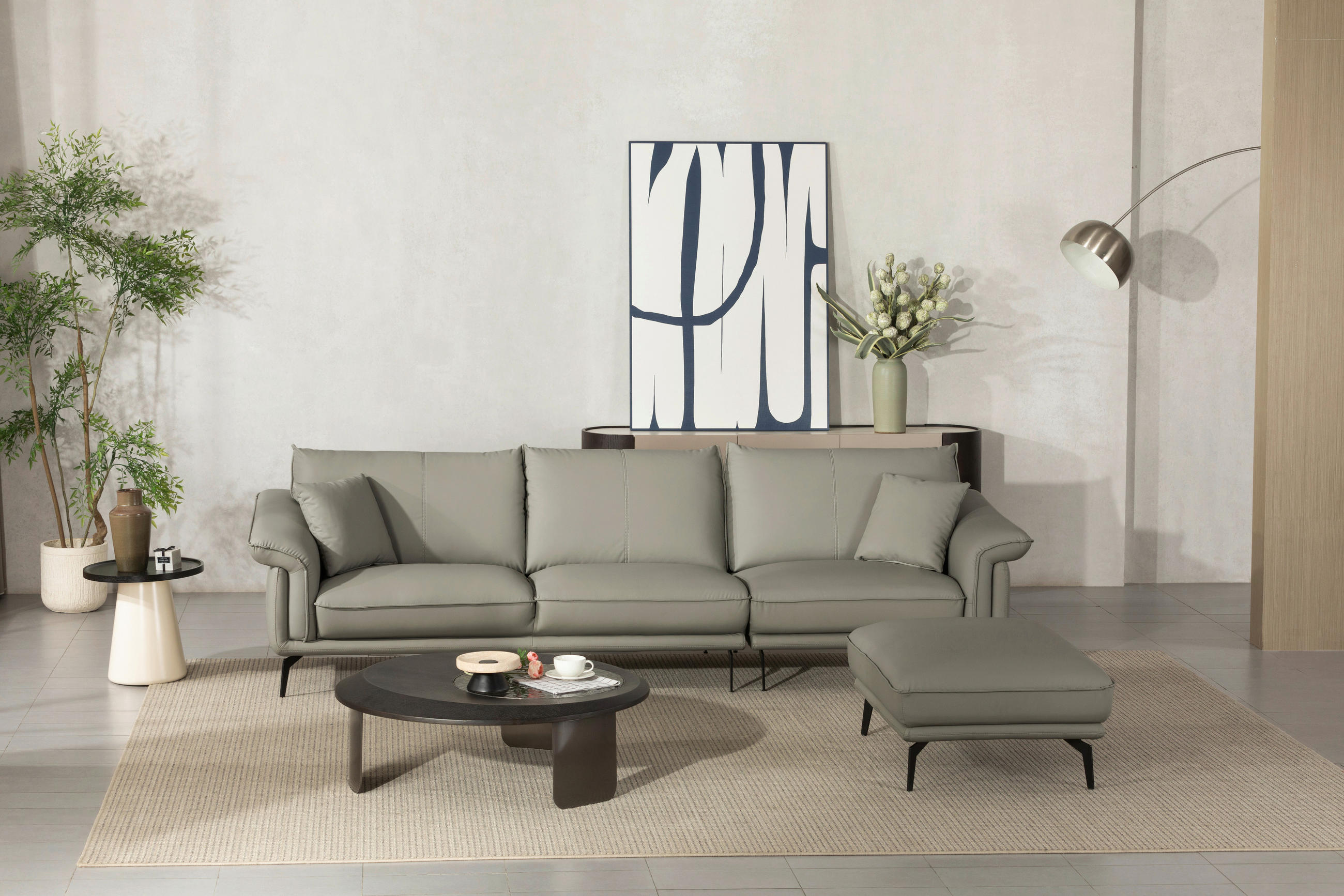 3-SITZER-SOFA inkl. Hocker Lederlook Taupe  - Taupe/Schwarz, Design, Textil/Metall (289/84/92cm) - MID.YOU