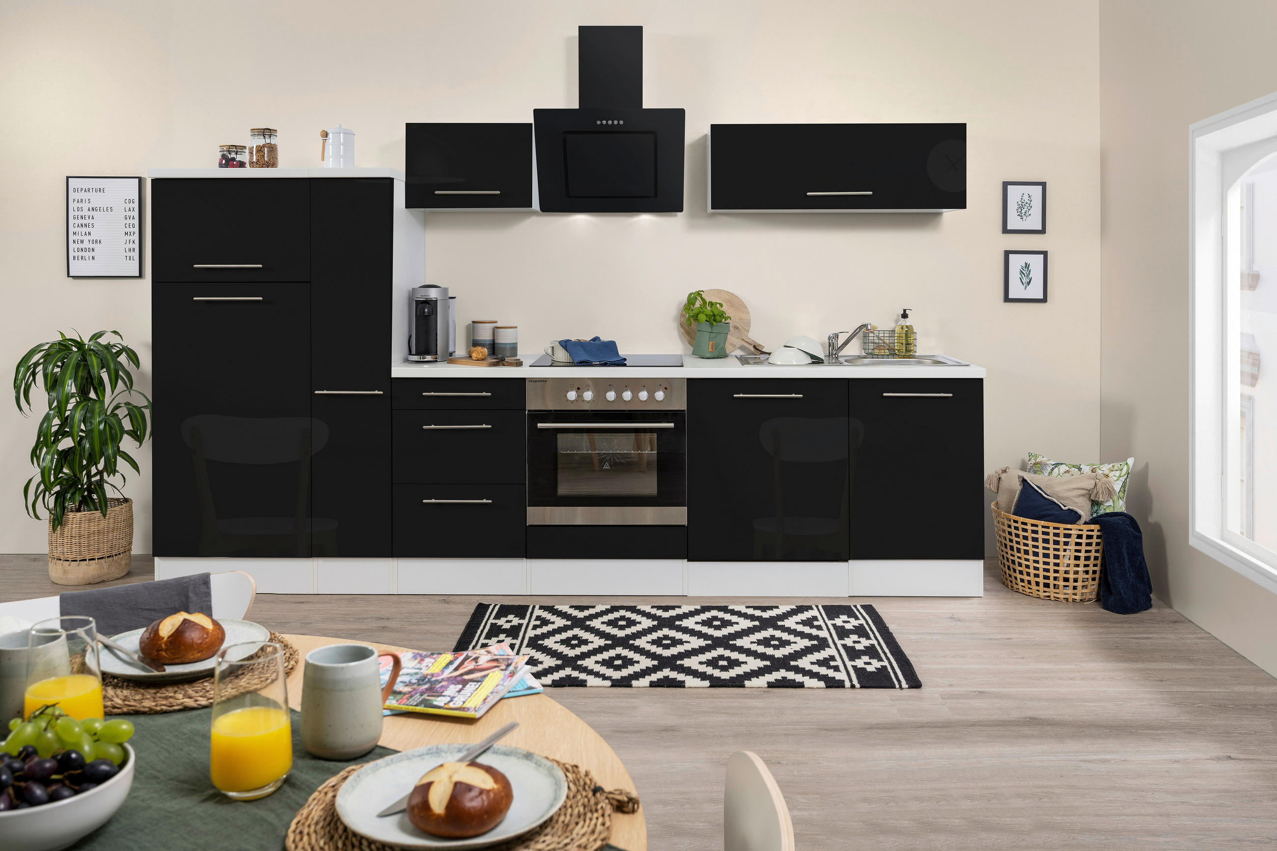KÜCHENBLOCK 310 cm in Schwarz, Weiß - Edelstahlfarben/Schwarz, KONVENTIONELL, Metall (310cm) - Respekta