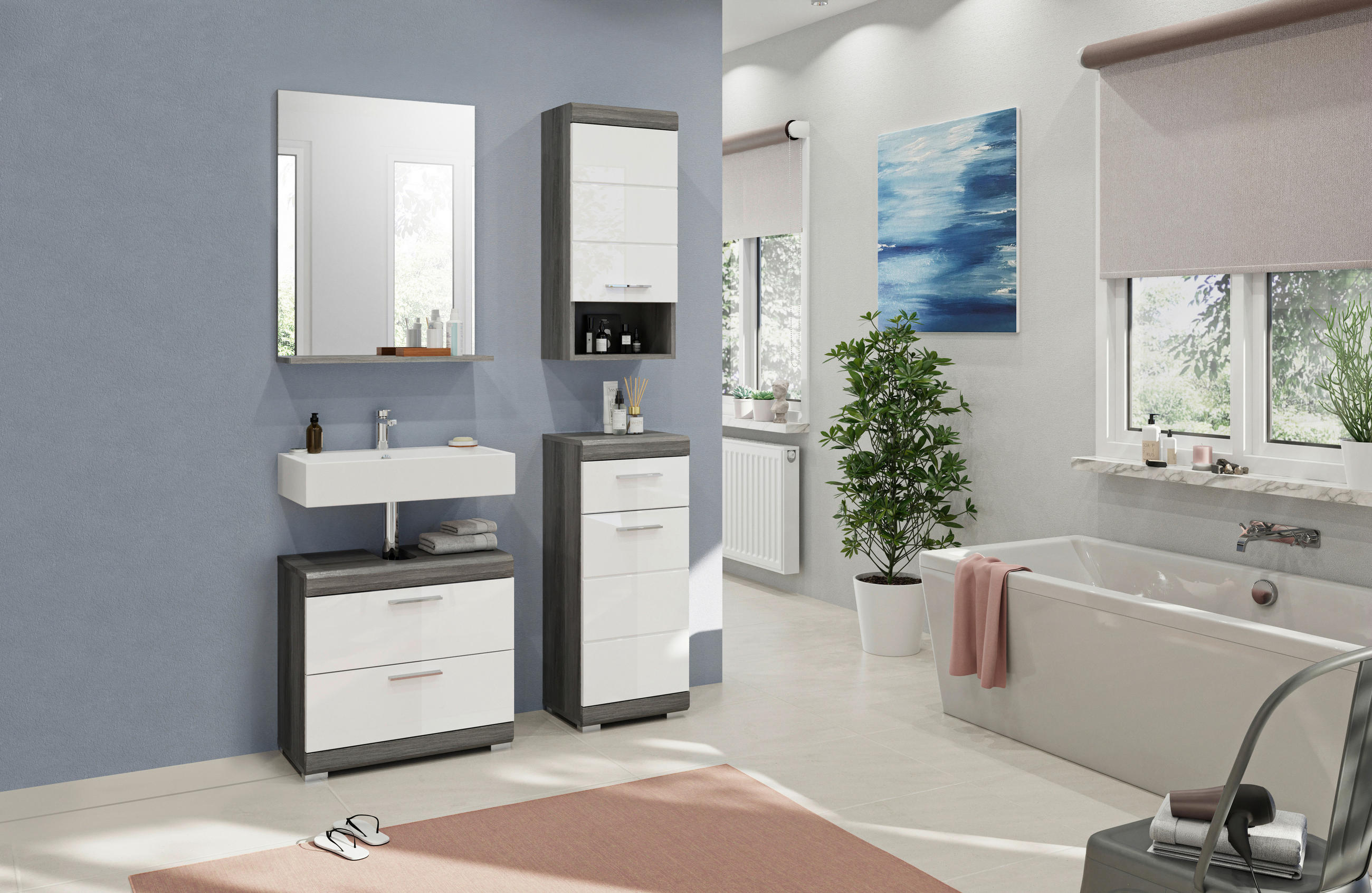 BADEZIMMER 3-teilig  in 97 cm  - Weiß Hochglanz/Grau, MODERN, Holzwerkstoff/Kunststoff (97cm) - MID.YOU