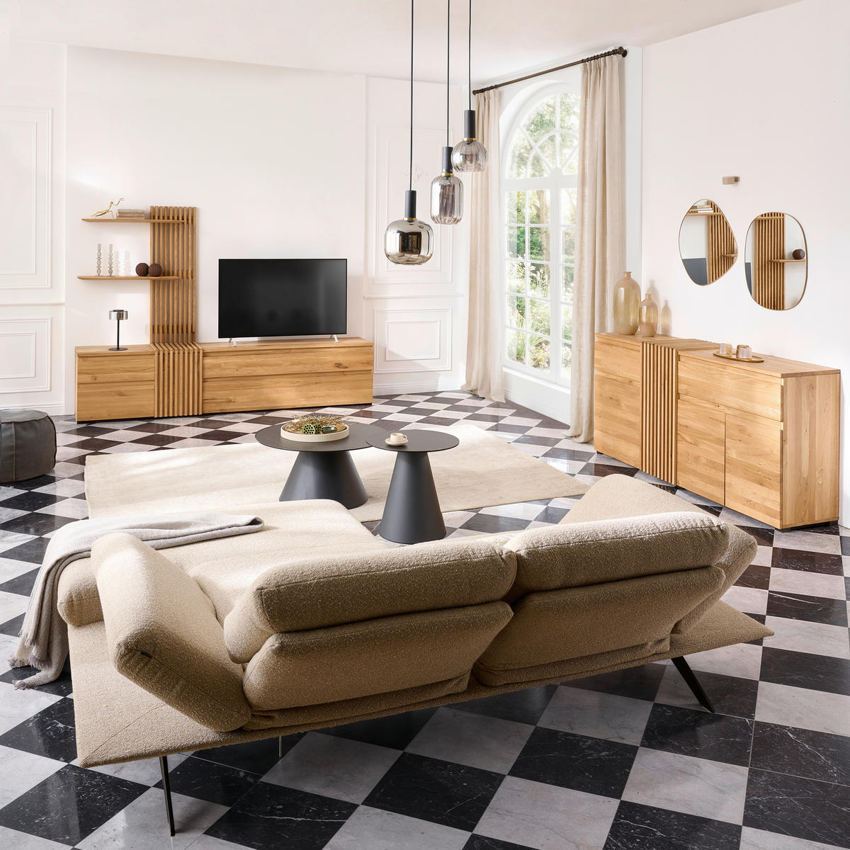 WOHNWAND  in Eichefarben  248,8/175,3/44 cm  - Eichefarben/Schwarz, Natur, Holz (248,8/175,3/44cm) - Linea Natura