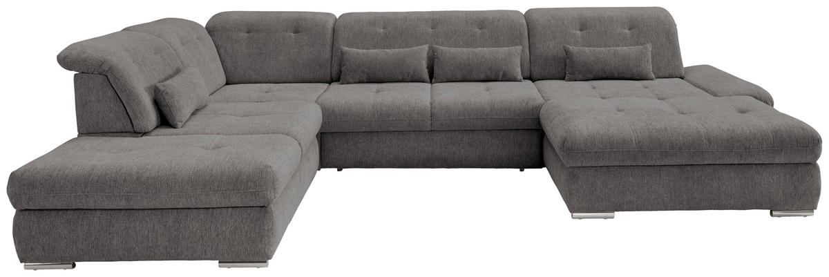 WOHNLANDSCHAFT in Chenille Braun, Grau  - Chromfarben/Braun, Design, Textil/Metall (254/376/195cm) - Livetastic