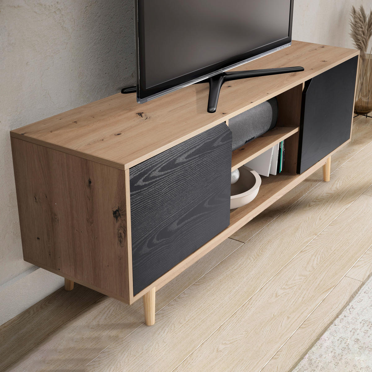 LOWBOARD  in 150/55/40 cm  - Eichefarben/Schwarz, Design, Holz/Holzwerkstoff (150/55/40cm) - Livetastic