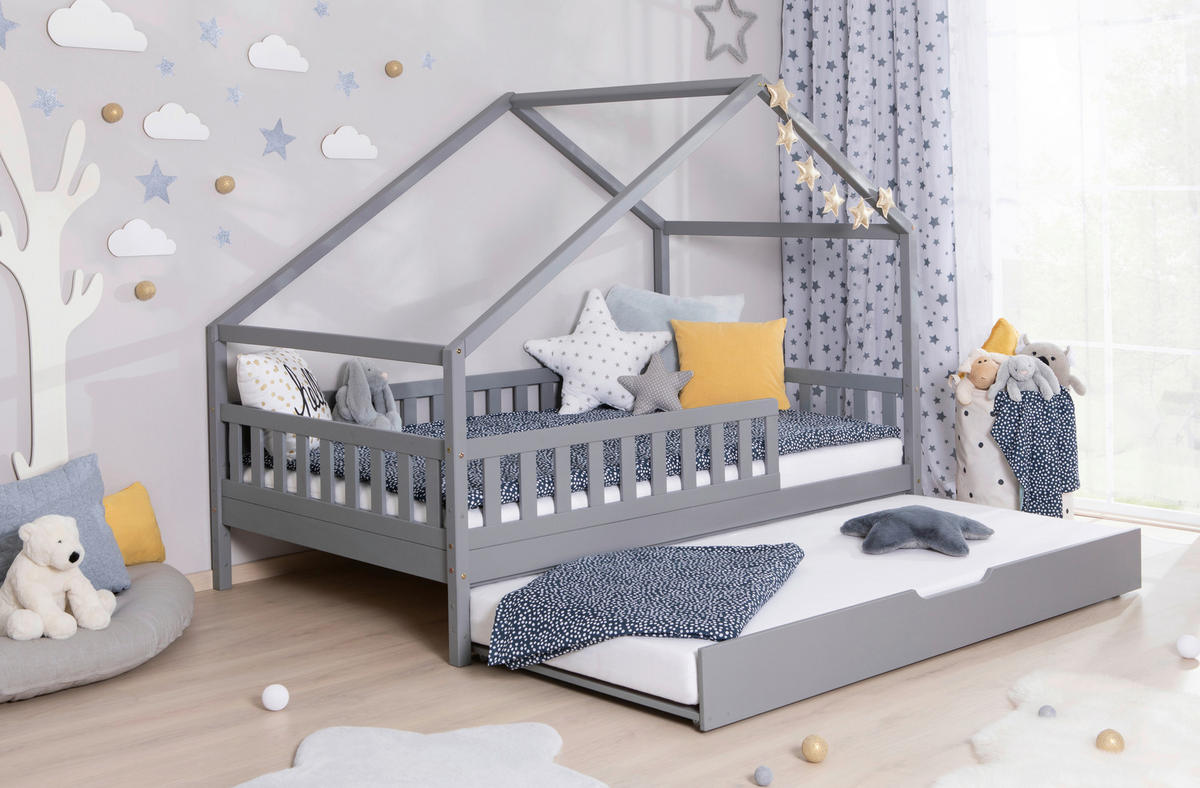 HAUSBETT Absturzsicherung, Matratze, Rollrost, Bettschublade 120/200 cm  - Hellgrau/Weiß, MODERN, Holz/Textil (120/200cm) - MID.YOU
