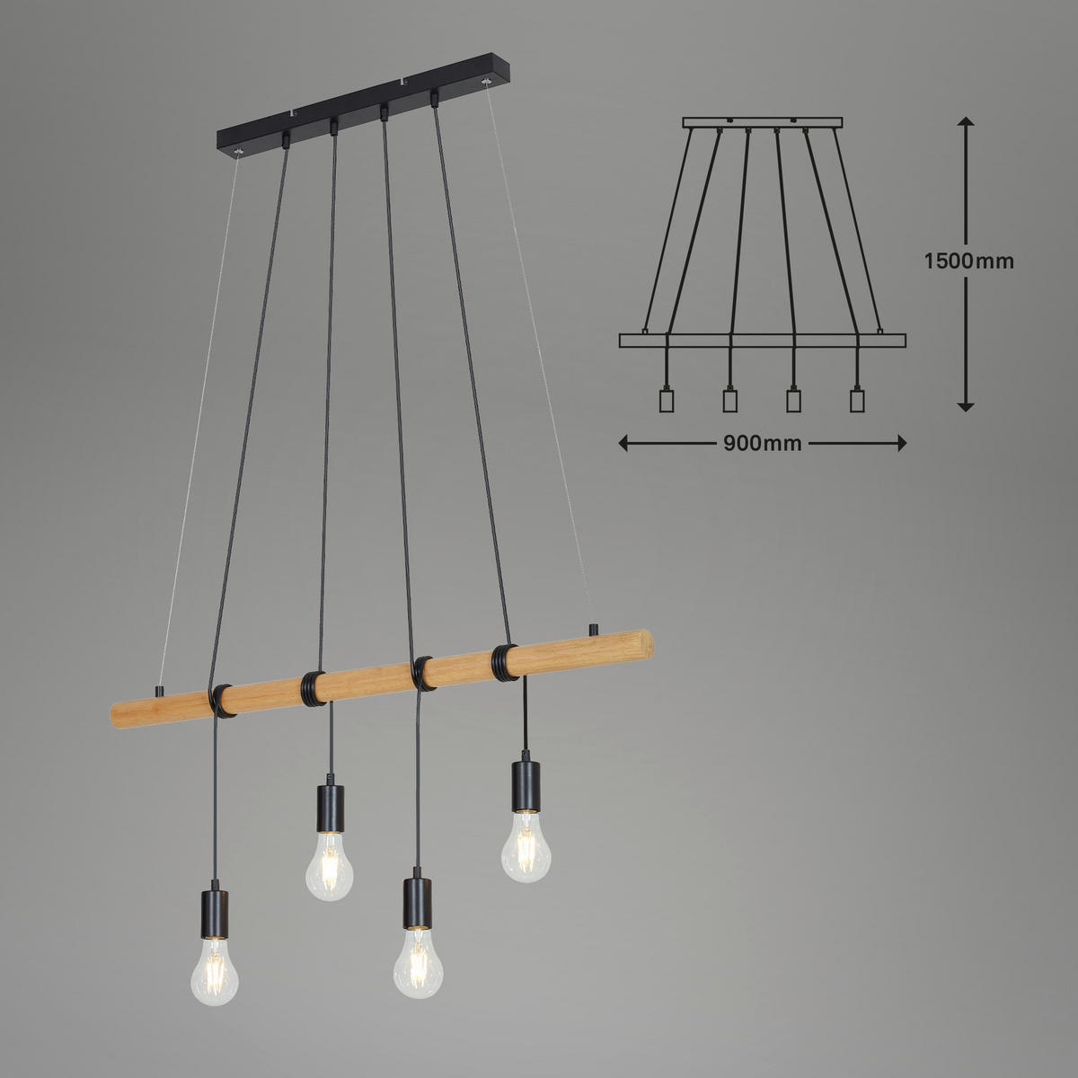 STROPNÍ ZÁVĚSNÉ SVÍTIDLO, 90/150 cm  - černá, Design, kov/dřevo (90/150cm)