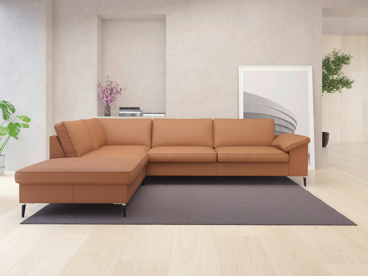 ECKSOFA Cognac Echtleder  - Cognac/Schwarz, Design, Leder/Metall (225/279cm) - Livetastic