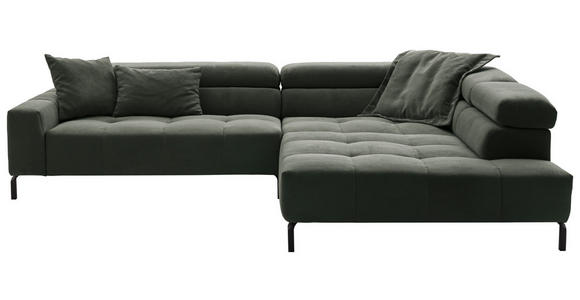 ECKSOFA Olivgrün Feincord Rücken echt, Kopfteilverstellung, Sitzvorzug  - Schwarz/Olivgrün, KONVENTIONELL, Textil/Metall (311/219cm) - Hom`in