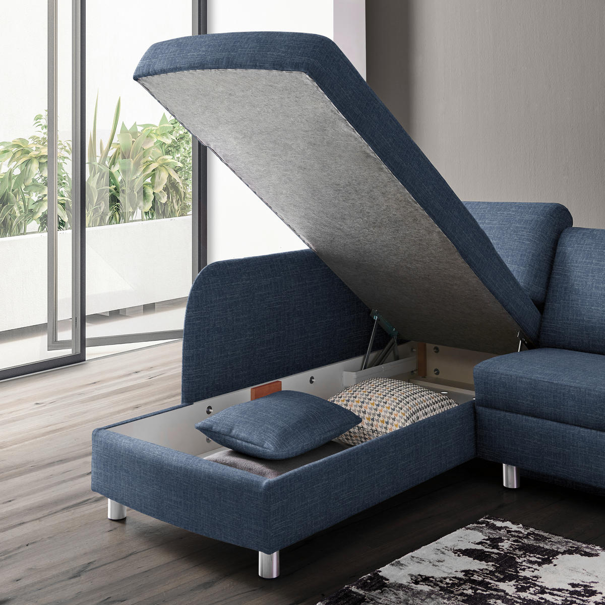 ECKSOFA in Chenille Blau  208/227 cm  - Blau/Alufarben, KONVENTIONELL, Textil/Metall (208/227cm) - Sedda