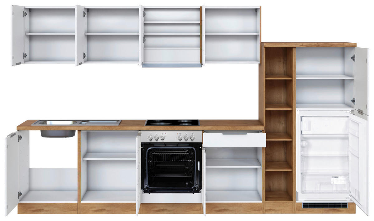KÜCHENBLOCK 330 cm   in Weiss, Eiche Wotan  - Weiss/Eiche Wotan, Design, Holzwerkstoff/Metall (330cm) - Held