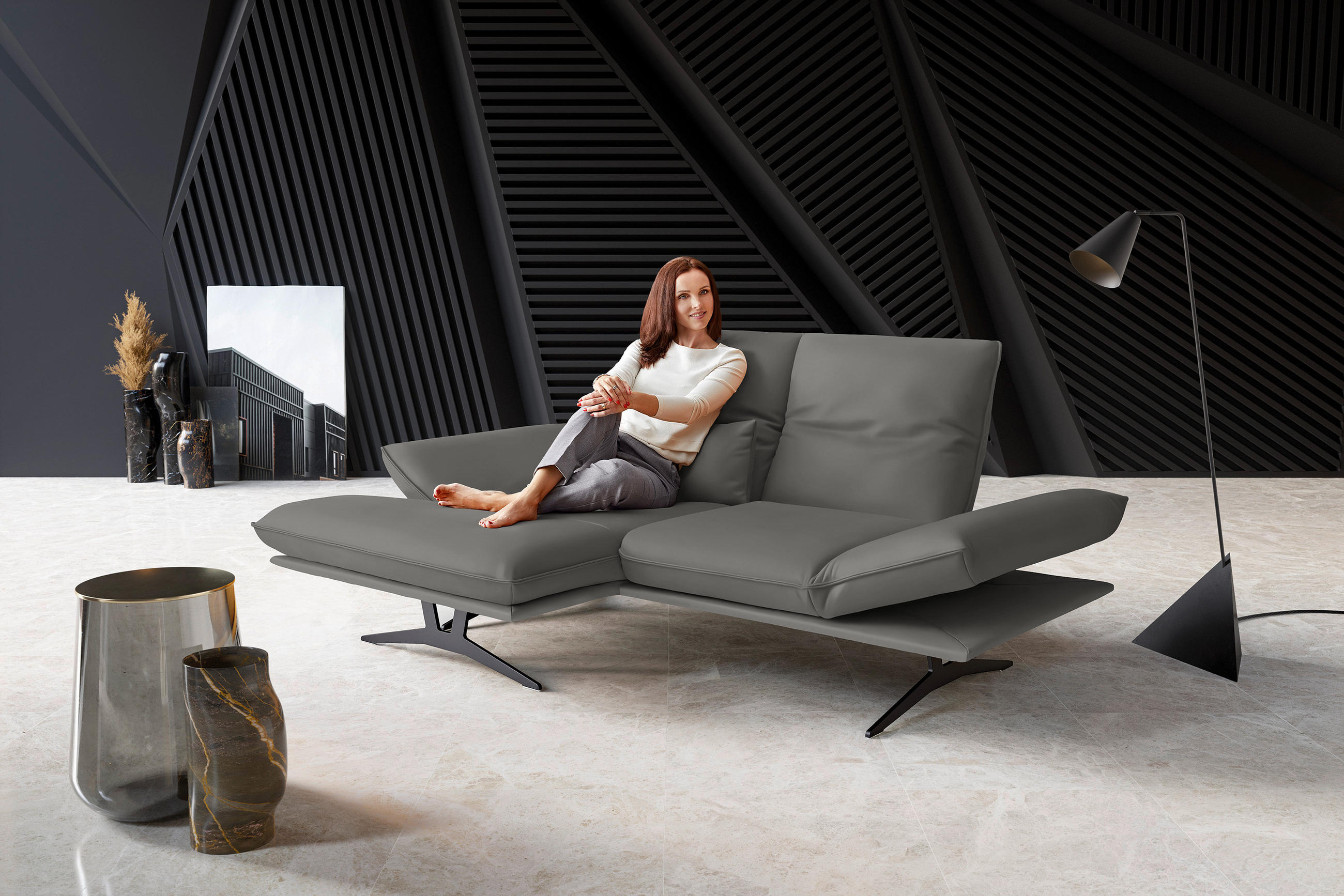 ECKSOFA in Echtleder Hellgrau  - Gelb/Hellgrau, Design, Leder/Metall (130/210cm) - Dieter Knoll