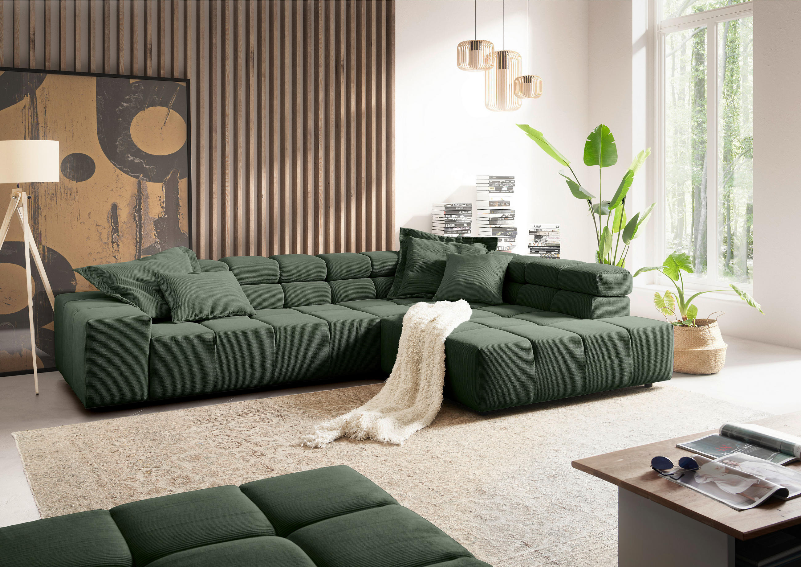ECKSOFA in Feincord Olivgrün  - Schwarz/Olivgrün, Design, Kunststoff/Textil (319/215cm) - Hom`in