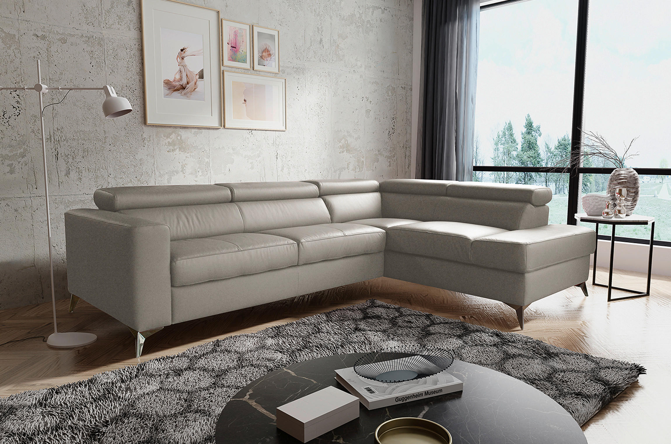 ECKSOFA in Lederlook Echtleder Hellgrau  286/208 cm  - Chromfarben/Hellgrau, Design, Leder/Textil (286/208cm) - Livetastic
