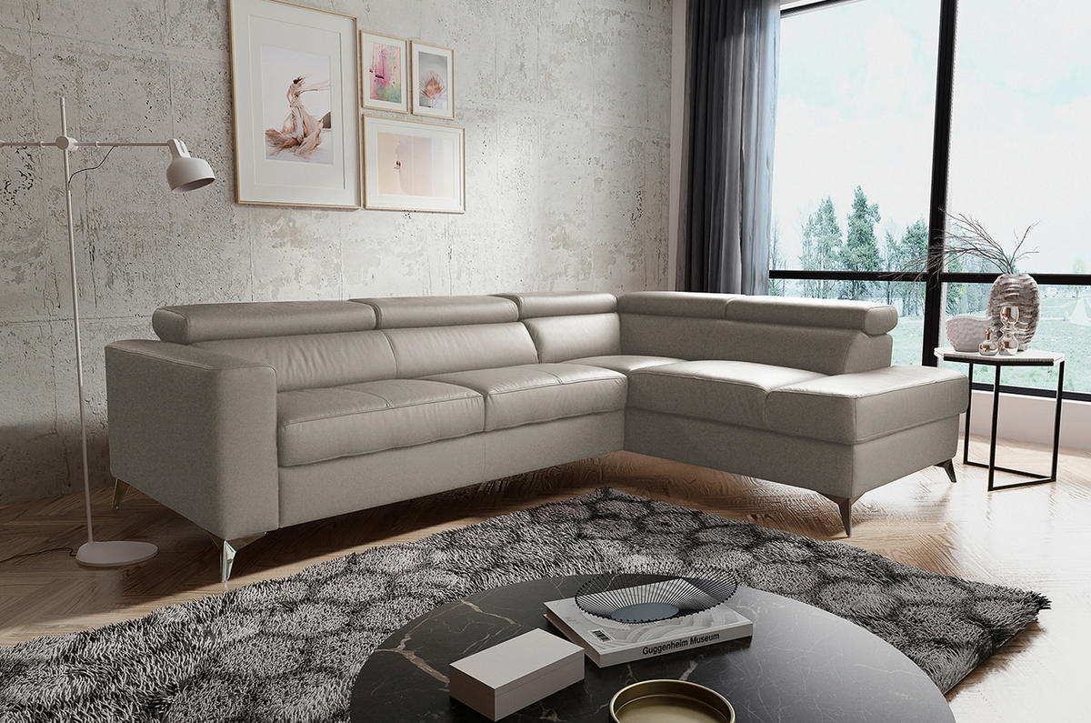 ECKSOFA in Lederlook Echtleder Hellgrau  - Chromfarben/Hellgrau, Design, Leder/Textil (286/208cm) - Livetastic