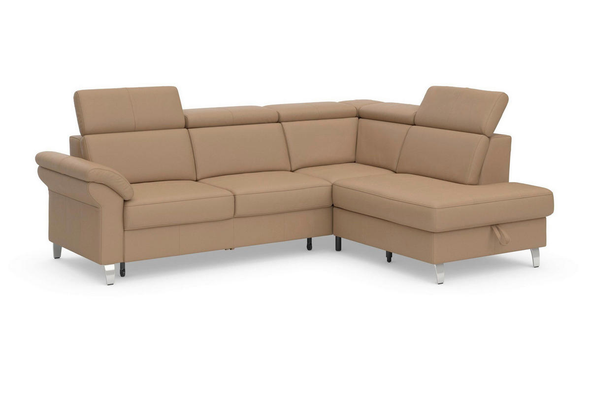 ECKSOFA 245/194 cm ARNGAST E in Mikrofaser Kombination Echtleder/Stoff Cappuccino Bettkasten, Kopfteilverstellung  245/194 cm  - Chromfarben/Cappuccino, Basics, Leder/Textil (245/194cm) - Sit & More