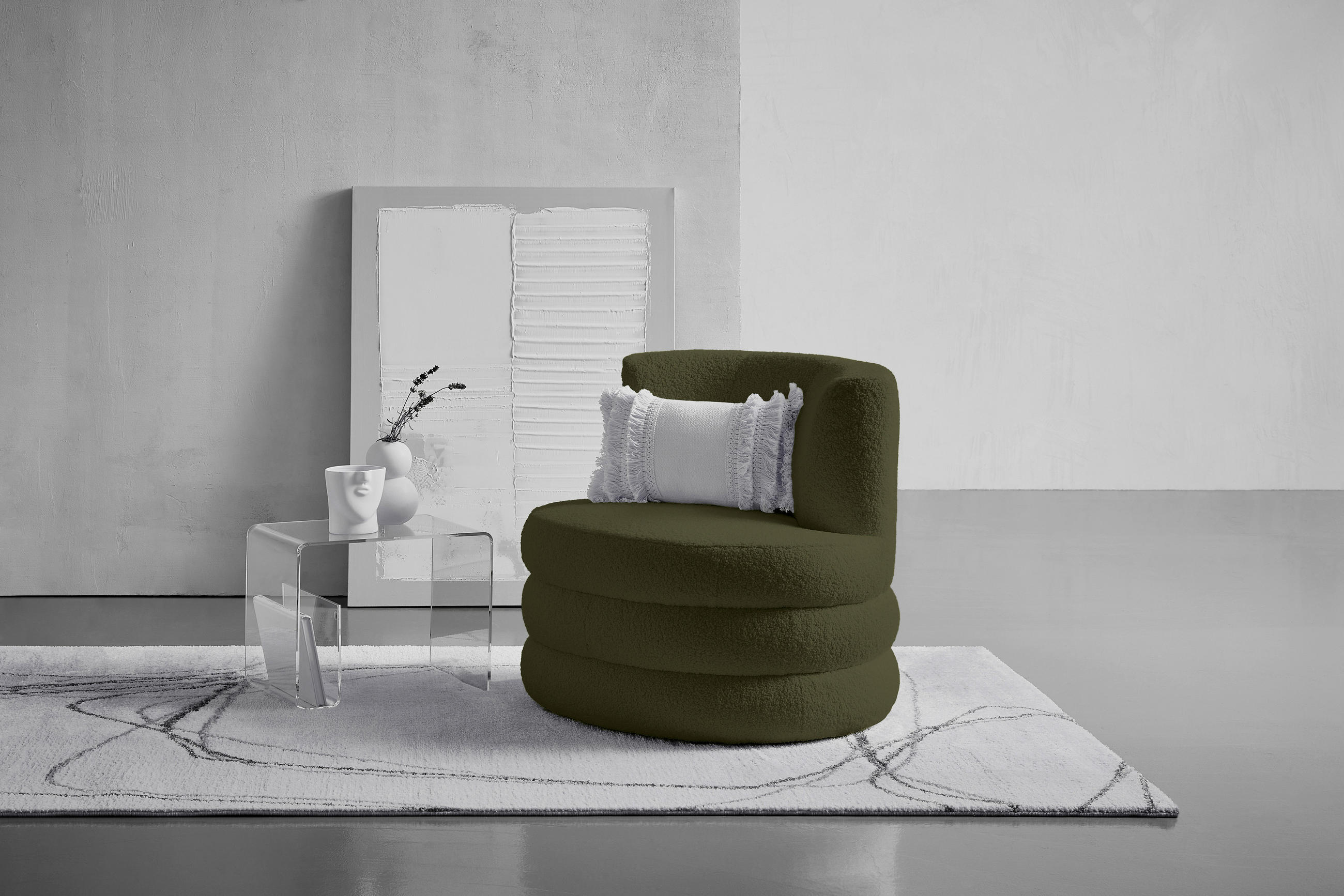 DESIGNSESSEL in Flachgewebe, Teddystoff Olivgrün  - Edelstahlfarben/Olivgrün, Trend, Textil/Metall (90/82/85cm) - Livetastic