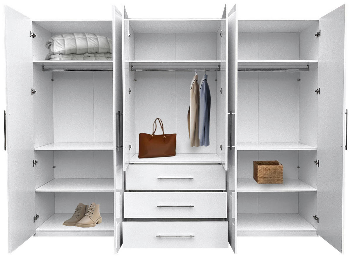 KLEIDERSCHRANK 294/219/59 cm 6-türig Weiß Hochglanz, Weiß  - Weiß Hochglanz/Alufarben, KONVENTIONELL, Holzwerkstoff/Metall (294/219/59cm) - Carryhome