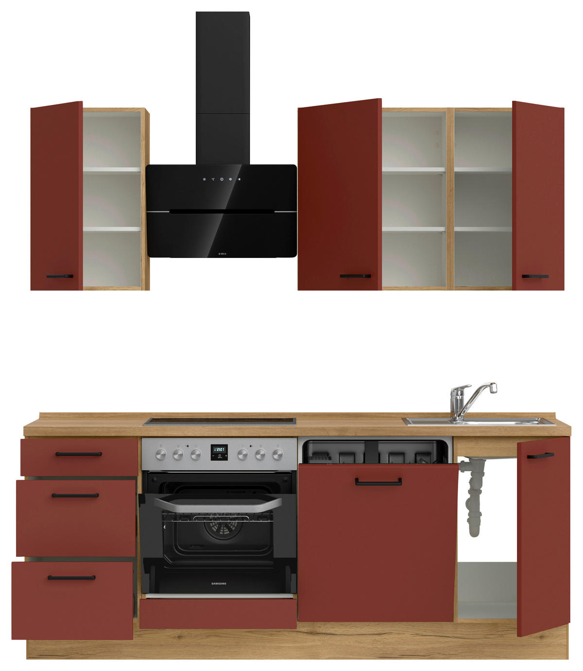KÜCHENLEERBLOCK 210 cm   in Rot, Eichefarben  - Eichefarben/Rot, MODERN, Holzwerkstoff/Metall (210cm) - Nobilia