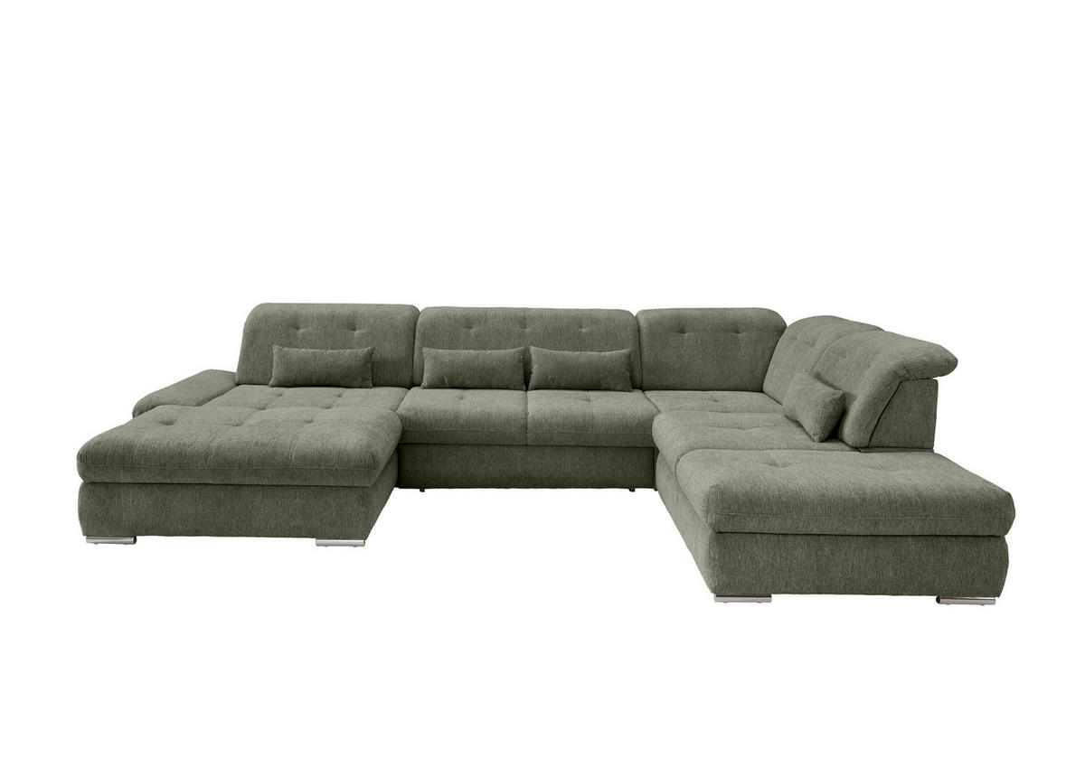 WOHNLANDSCHAFT Dunkelgrün Chenille  - Chromfarben/Dunkelgrün, Design, Textil/Metall (195/376/254cm) - Livetastic