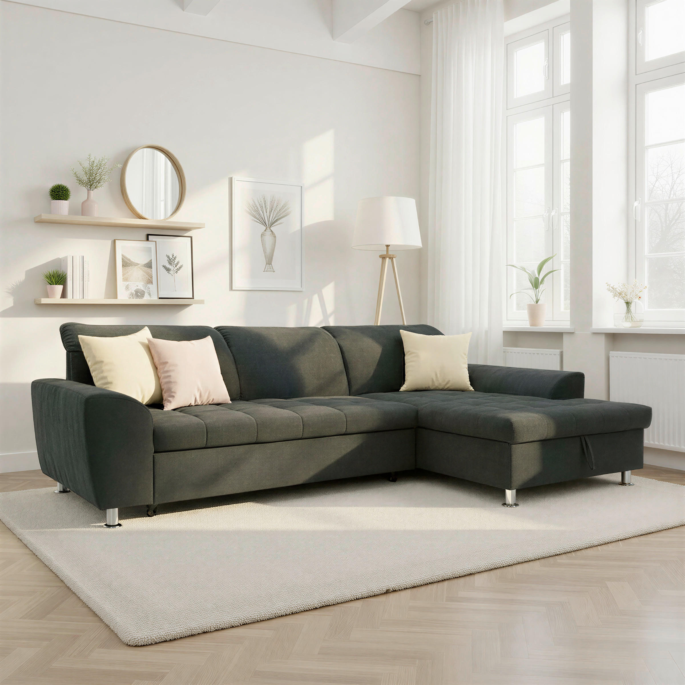 ECKSOFA MERIDIAN Schwarz Mikrofaser Schlaffunktion, Rücken echt, Liegefläche im Originalstoff  - Chromfarben/Schwarz, KONVENTIONELL, Textil/Metall (278/171cm) - MID.YOU