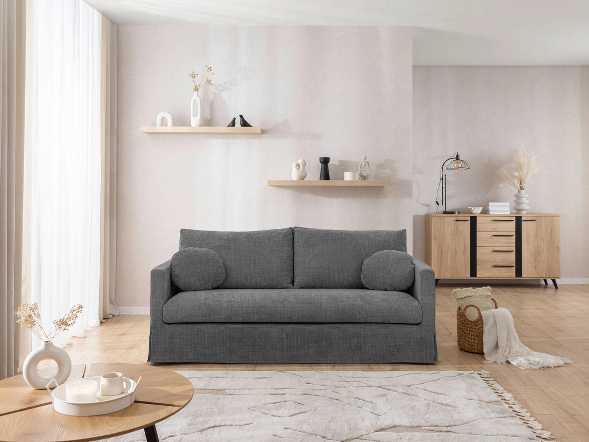 3-SITZER-SOFA PAPHOS in Chenille Dunkelgrau  - Dunkelgrau/Schwarz, Design, Kunststoff/Textil (195/89/95cm) - P & B