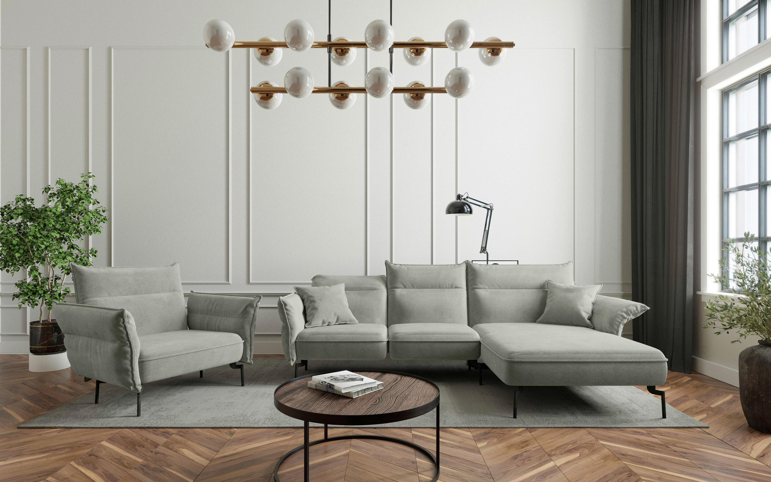 SITZGARNITUR in Flachgewebe Hellgrau  - Edelstahlfarben/Hellgrau, Design, Textil/Metall (265/185cm) - Livetastic