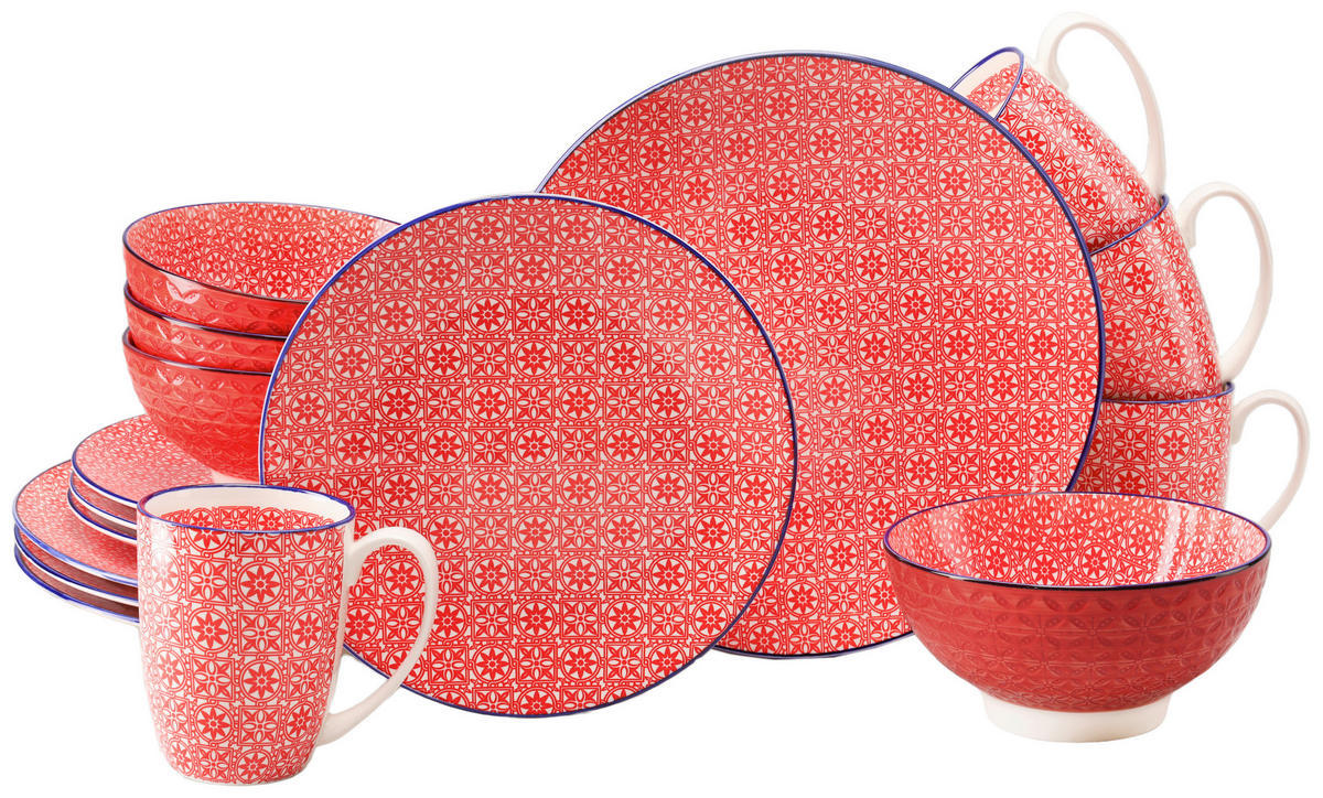 KOMBISERVICE Rot, Weiß Mediterran Rot 16-teilig 4 Personen  - Rot/Weiß, Basics, Keramik - Creatable