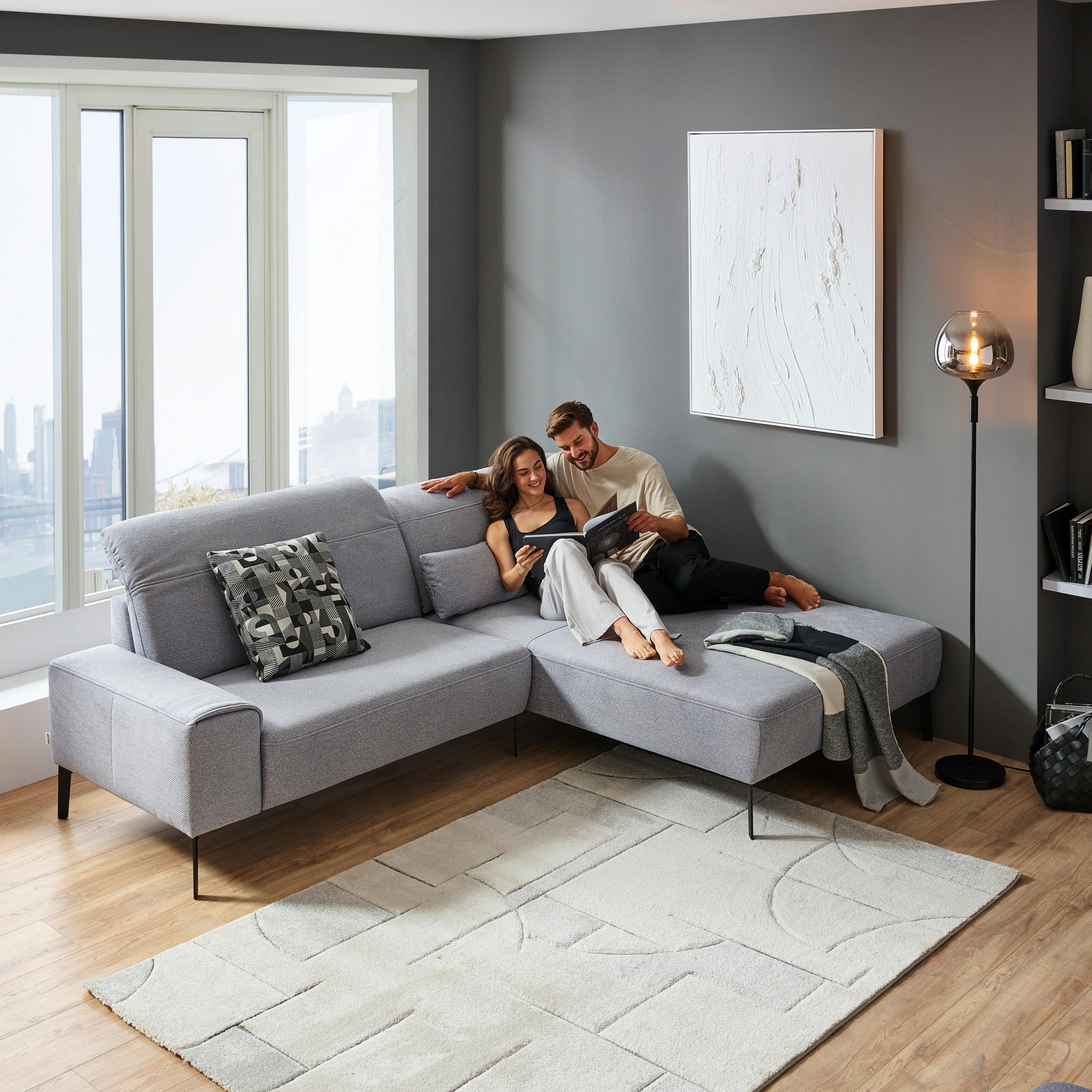 ECKSOFA in Mikrofaser Hellgrau  - Hellgrau/Schwarz, Design, Textil/Metall (203/266cm) - Johann Jakob