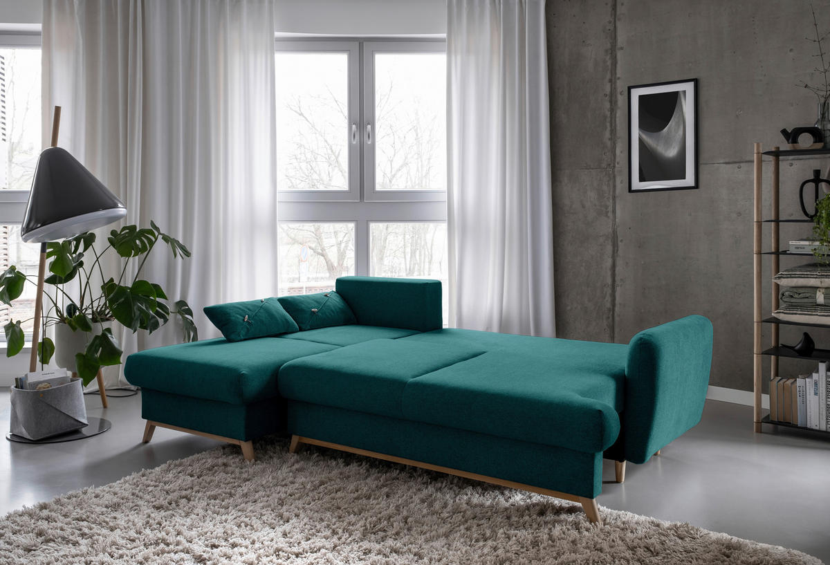 KUTNA GARNITURA tekstil  tirkizna   - tirkizna/prirodne boje, tekstil/drvo (157/235cm) - MID.YOU