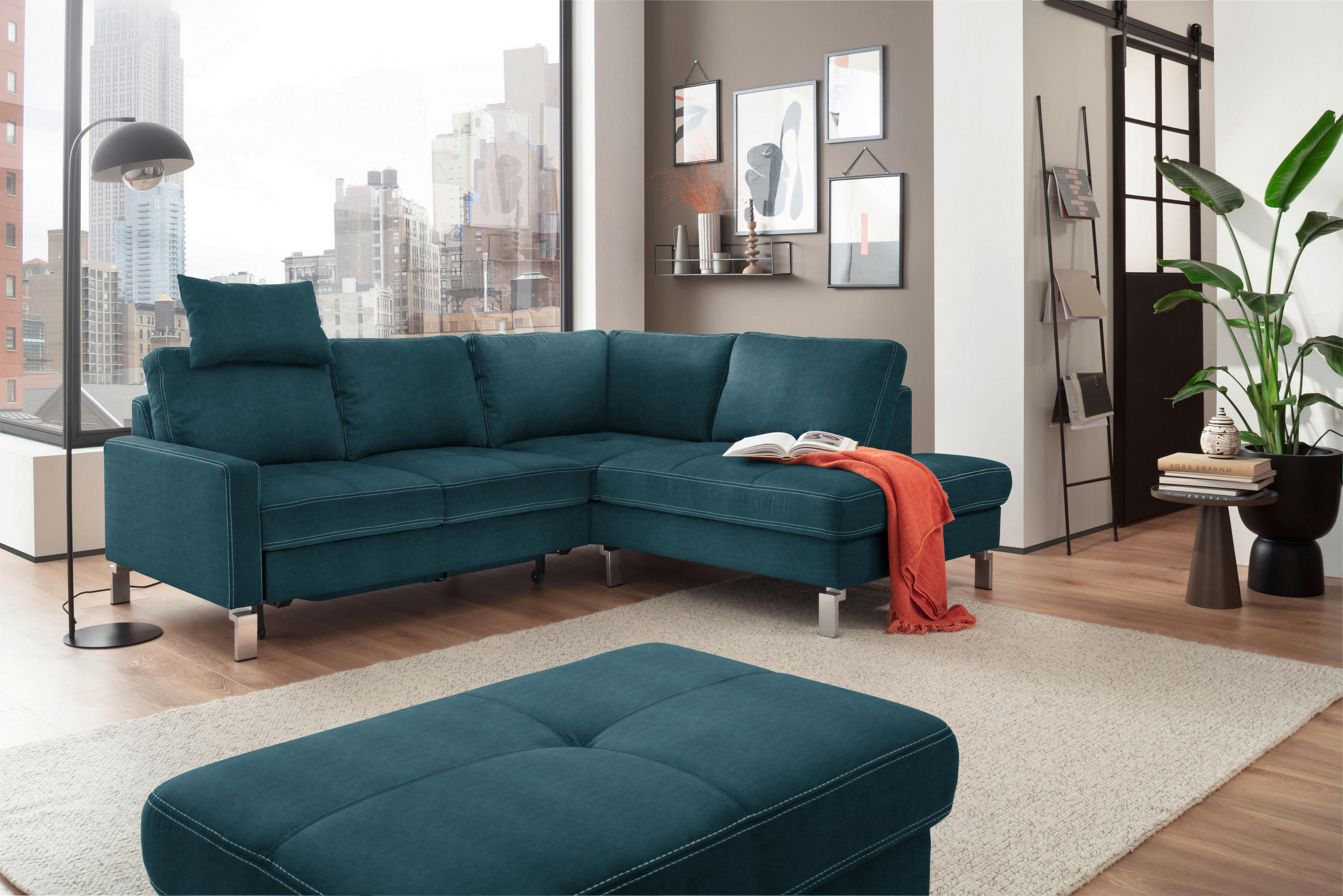 ECKSOFA in Mikrofaser Petrol  - Chromfarben/Beige, Design, Textil/Metall (229/200cm) - Pure Home Lifestyle
